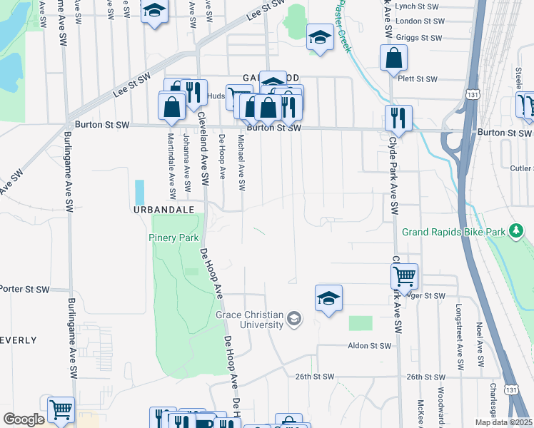 map of restaurants, bars, coffee shops, grocery stores, and more near 2220 Godfrey Avenue Southwest in Wyoming