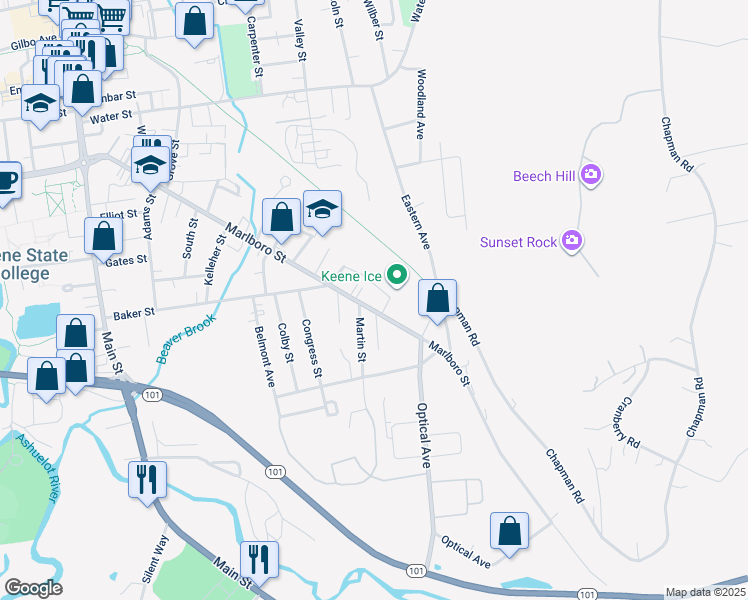 map of restaurants, bars, coffee shops, grocery stores, and more near 382 Marlboro Street in Keene