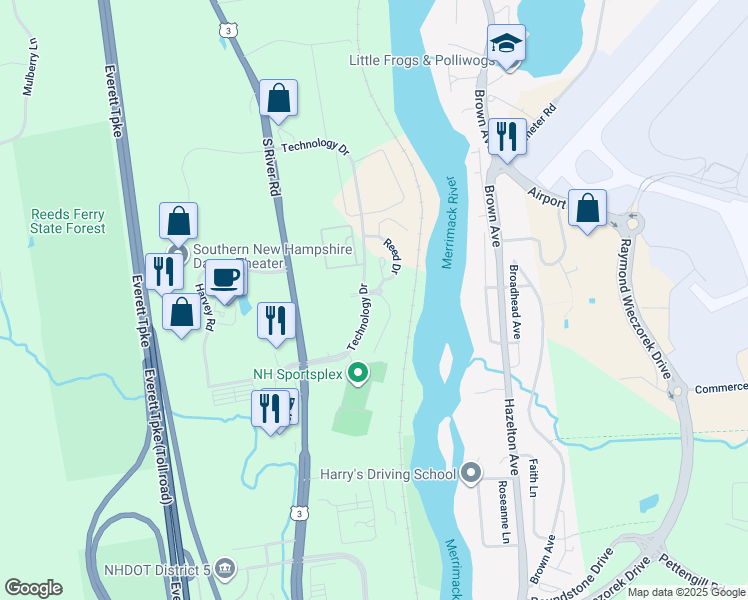 map of restaurants, bars, coffee shops, grocery stores, and more near 1-99 Edward Circle in Bedford