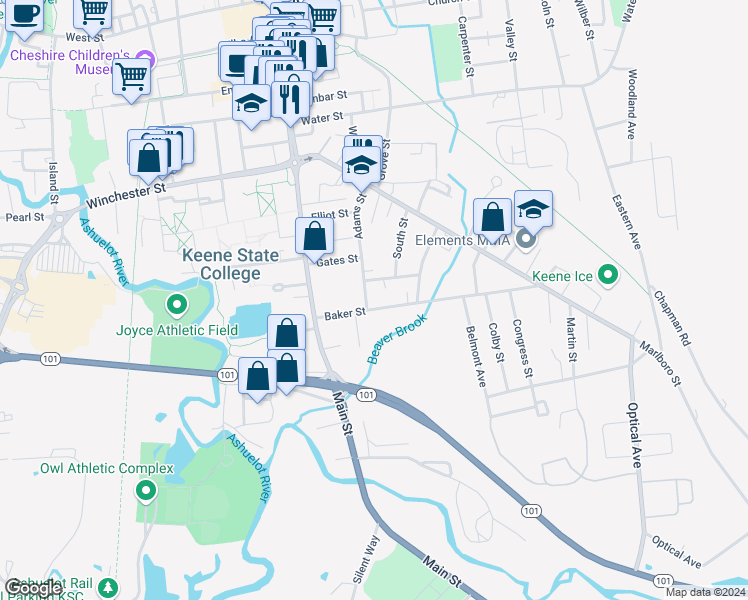 map of restaurants, bars, coffee shops, grocery stores, and more near 48 Baker Street in Keene