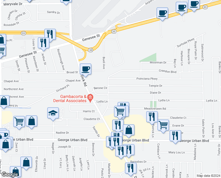 map of restaurants, bars, coffee shops, grocery stores, and more near 10 Diane Drive in Cheektowaga