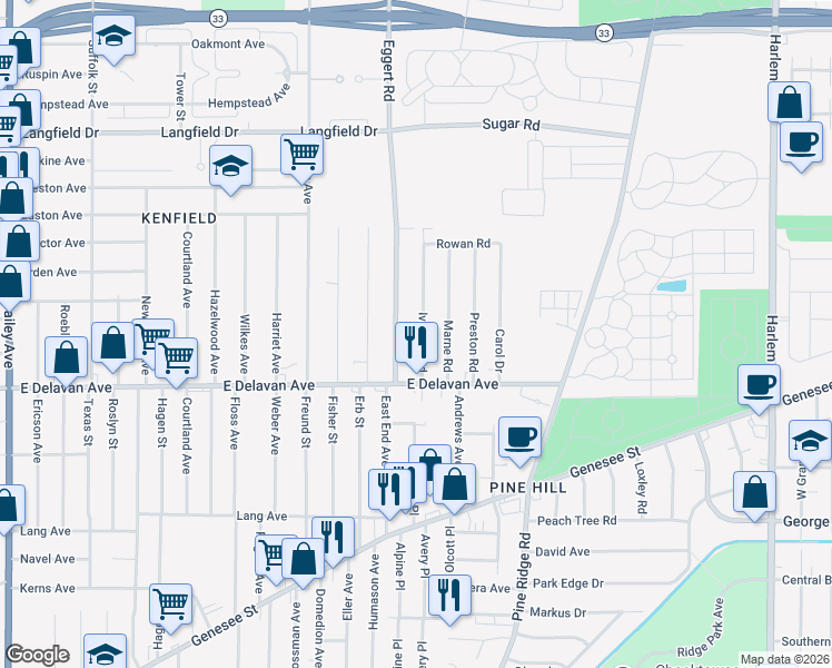 map of restaurants, bars, coffee shops, grocery stores, and more near 40 Ivanhoe Road in Buffalo