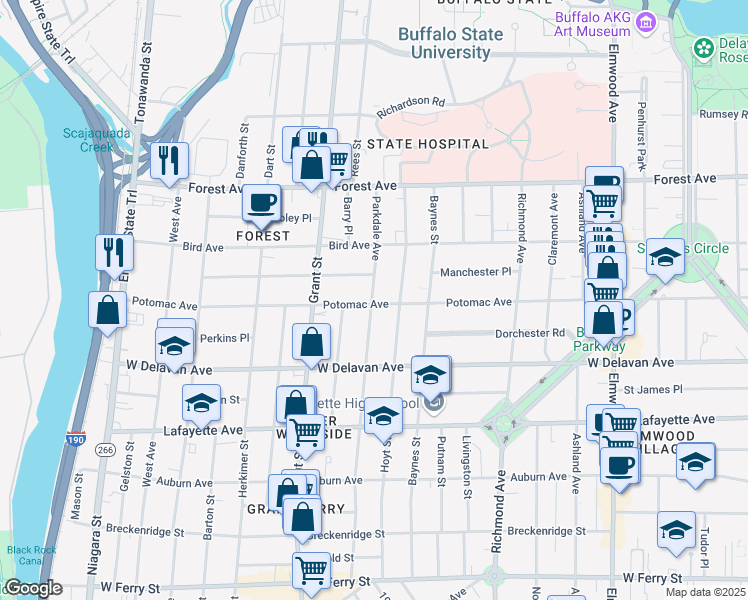 map of restaurants, bars, coffee shops, grocery stores, and more near 307 Potomac Avenue in Buffalo