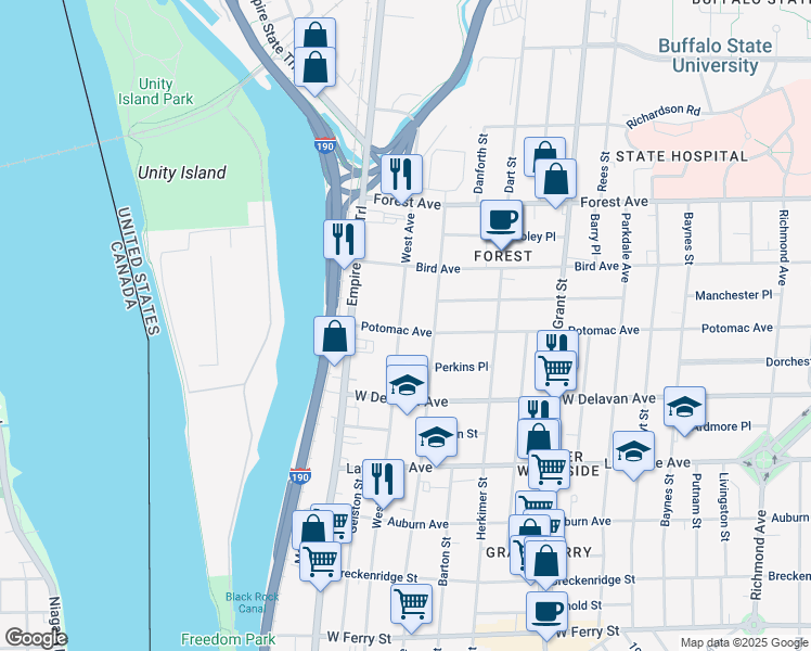 map of restaurants, bars, coffee shops, grocery stores, and more near 96 Potomac Avenue in Buffalo