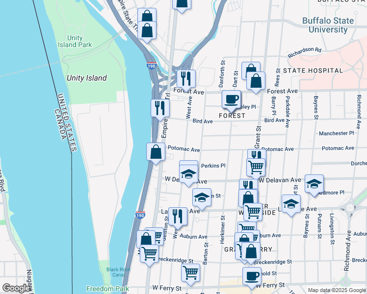 map of restaurants, bars, coffee shops, grocery stores, and more near 65 Potomac Avenue in Buffalo