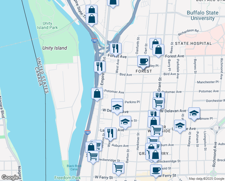 map of restaurants, bars, coffee shops, grocery stores, and more near 65 Potomac Avenue in Buffalo