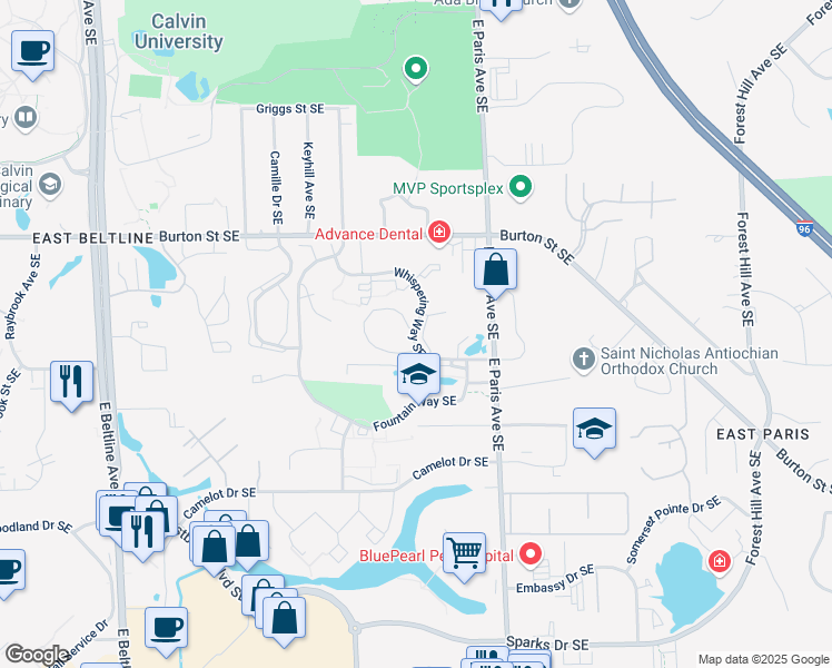 map of restaurants, bars, coffee shops, grocery stores, and more near 3941 Whispering Way Drive Southeast in Grand Rapids