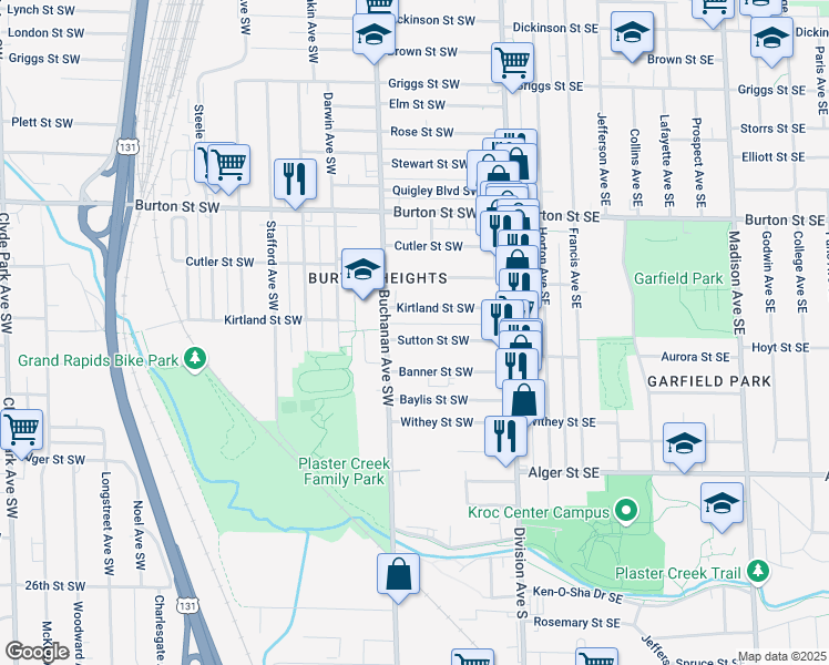 map of restaurants, bars, coffee shops, grocery stores, and more near 133 Sutton Street Southwest in Grand Rapids