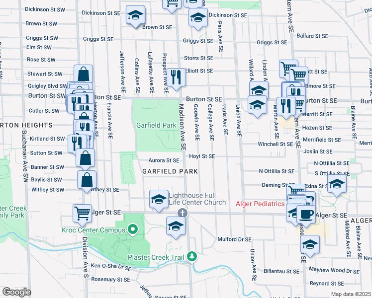 map of restaurants, bars, coffee shops, grocery stores, and more near 2140 Madison Avenue Southeast in Grand Rapids