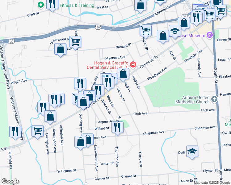 map of restaurants, bars, coffee shops, grocery stores, and more near 244 Genesee Street in Auburn