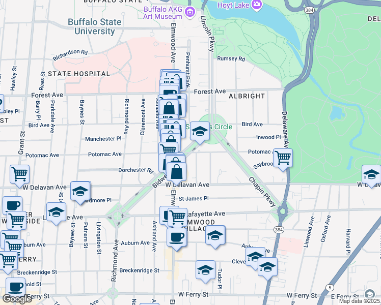 map of restaurants, bars, coffee shops, grocery stores, and more near Bidwell Parkway & Potomac Avenue in Buffalo