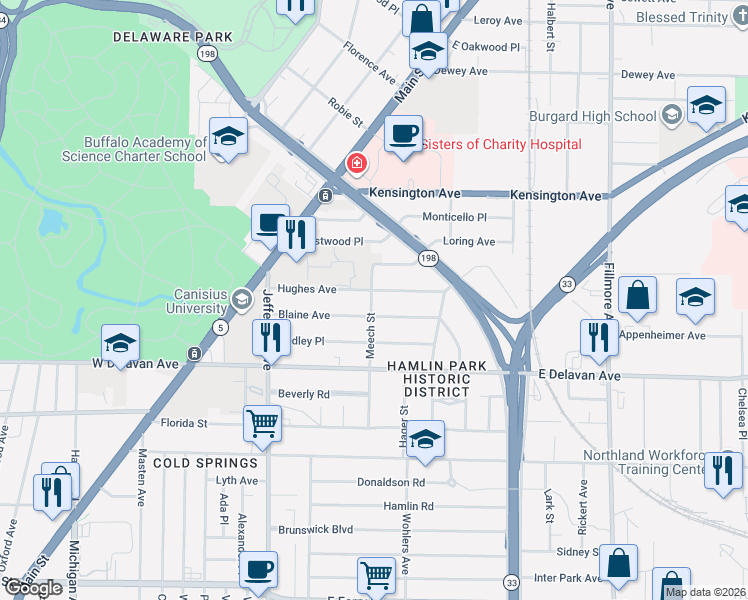 map of restaurants, bars, coffee shops, grocery stores, and more near 132 Blaine Avenue in Buffalo