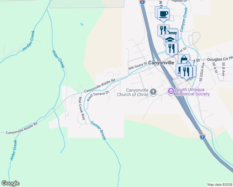 map of restaurants, bars, coffee shops, grocery stores, and more near 148 Brenda Place in Canyonville