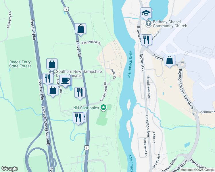 map of restaurants, bars, coffee shops, grocery stores, and more near 1-99 Edward Circle in Bedford