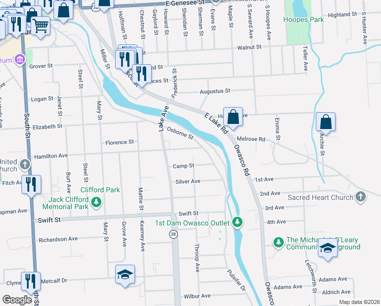 map of restaurants, bars, coffee shops, grocery stores, and more near 108 Hamilton Avenue in Auburn