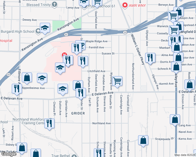 map of restaurants, bars, coffee shops, grocery stores, and more near 59 Deerfield Avenue in Buffalo