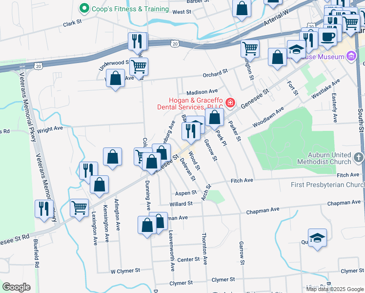 map of restaurants, bars, coffee shops, grocery stores, and more near 257 Genesee Street in Auburn