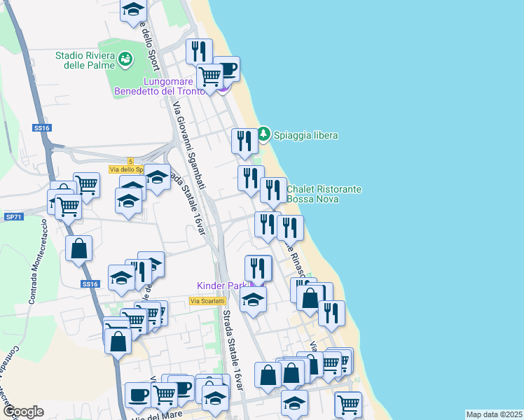 map of restaurants, bars, coffee shops, grocery stores, and more near 125 Viale Rinascimento in San Benedetto del Tronto