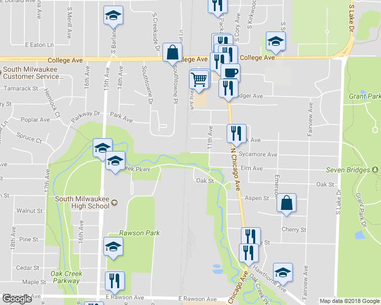map of restaurants, bars, coffee shops, grocery stores, and more near 1124 Sycamore Avenue in South Milwaukee