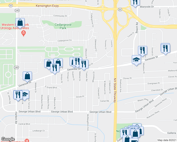map of restaurants, bars, coffee shops, grocery stores, and more near 3075 Genesee Street in Buffalo