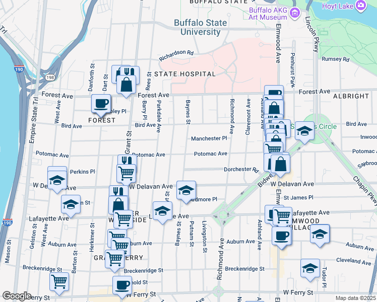 map of restaurants, bars, coffee shops, grocery stores, and more near 313 Baynes Street in Buffalo
