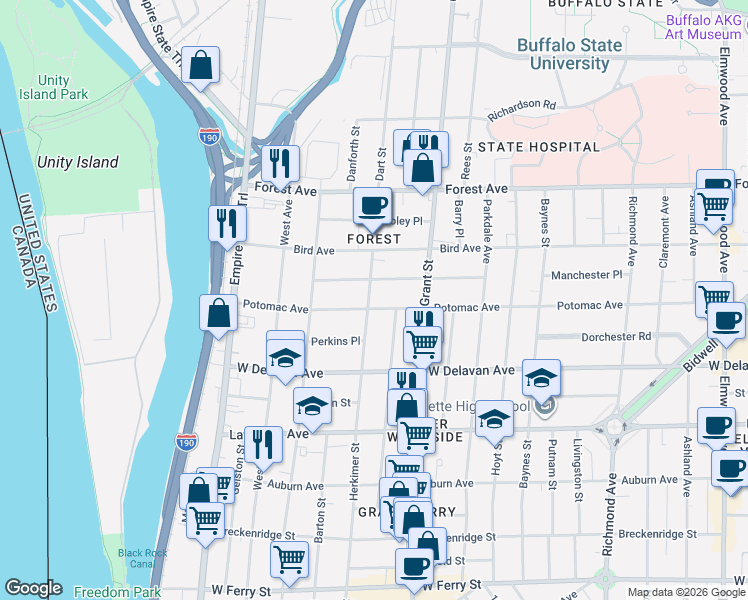 map of restaurants, bars, coffee shops, grocery stores, and more near 421 Herkimer Street in Buffalo