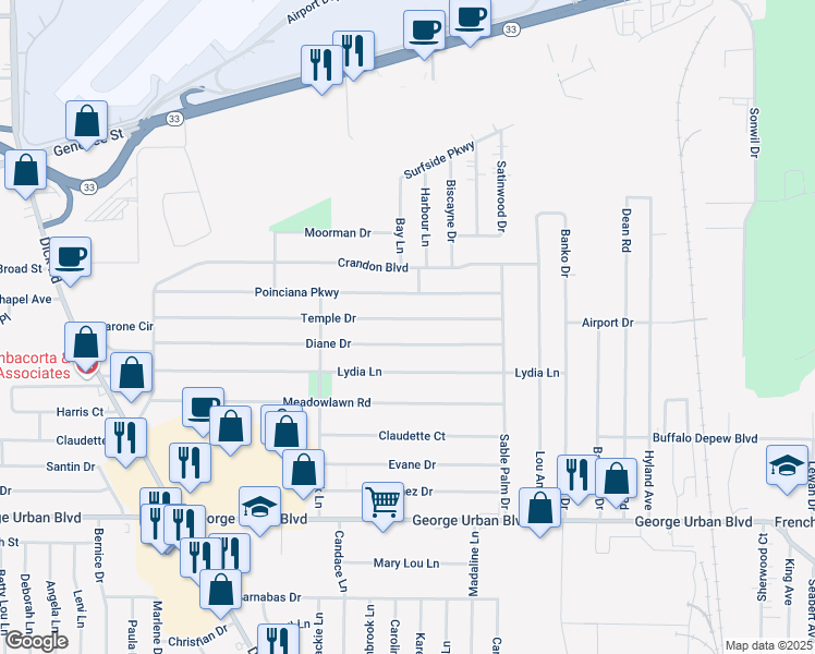 map of restaurants, bars, coffee shops, grocery stores, and more near 160 Diane Drive in Cheektowaga