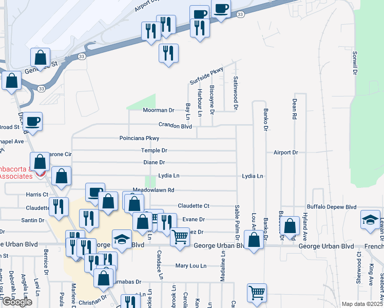 map of restaurants, bars, coffee shops, grocery stores, and more near 160 Diane Drive in Cheektowaga