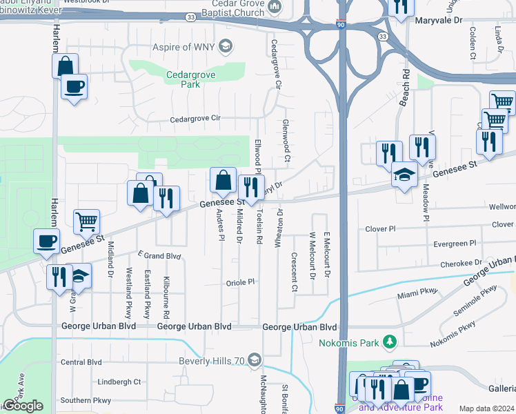 map of restaurants, bars, coffee shops, grocery stores, and more near 3075 Genesee Street in Buffalo
