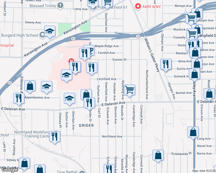map of restaurants, bars, coffee shops, grocery stores, and more near 59 Deerfield Avenue in Buffalo