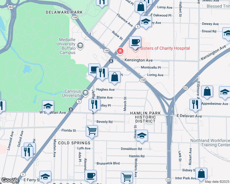 map of restaurants, bars, coffee shops, grocery stores, and more near 88 Blaine Avenue in Buffalo