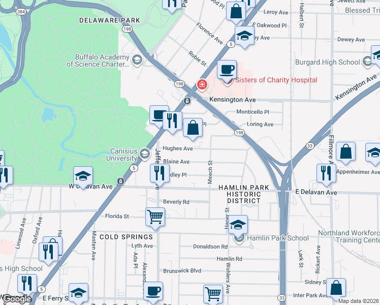 map of restaurants, bars, coffee shops, grocery stores, and more near 52 Blaine Avenue in Buffalo