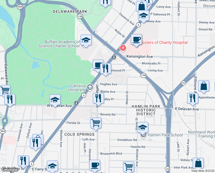 map of restaurants, bars, coffee shops, grocery stores, and more near 52 Blaine Avenue in Buffalo