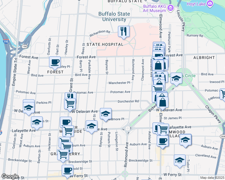 map of restaurants, bars, coffee shops, grocery stores, and more near 427 Potomac Avenue in Buffalo