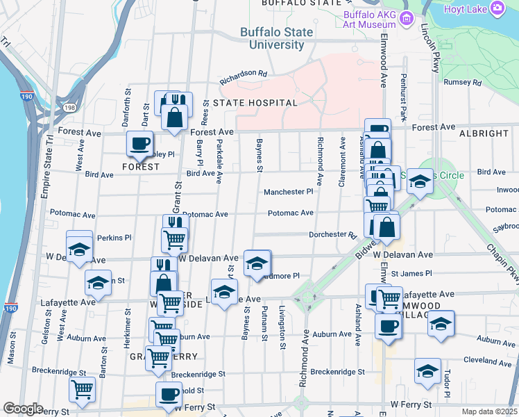 map of restaurants, bars, coffee shops, grocery stores, and more near 313 Baynes Street in Buffalo