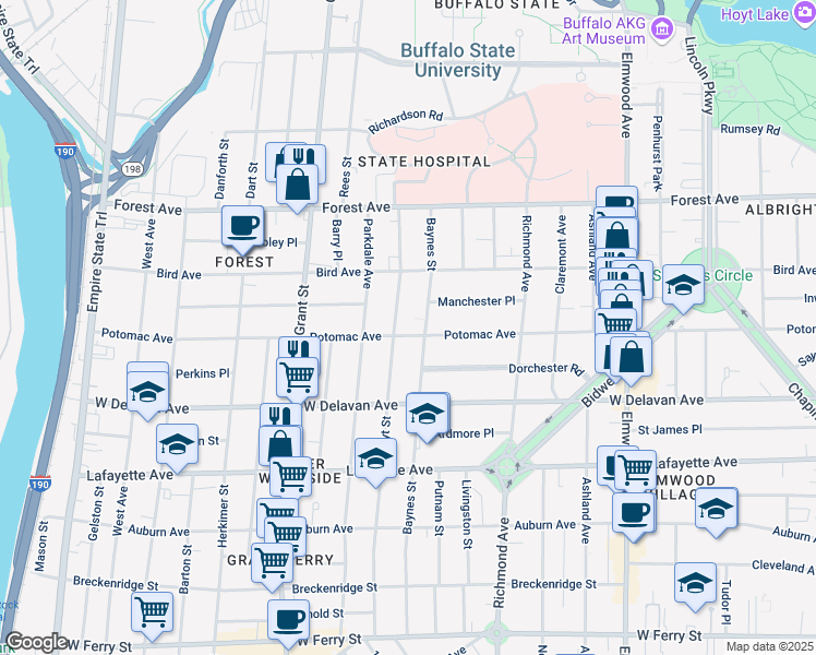 map of restaurants, bars, coffee shops, grocery stores, and more near 313 Baynes Street in Buffalo
