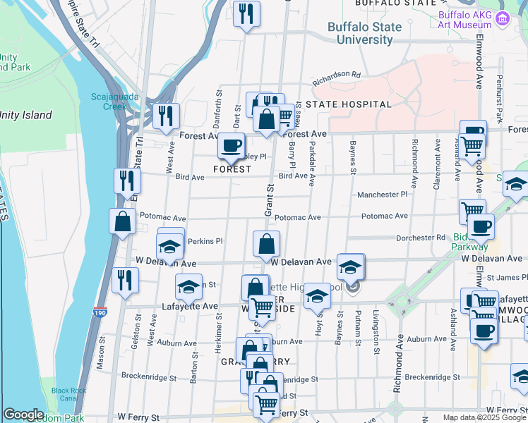map of restaurants, bars, coffee shops, grocery stores, and more near 263 Potomac Avenue in Buffalo