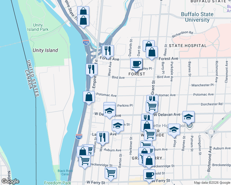 map of restaurants, bars, coffee shops, grocery stores, and more near 96 Potomac Avenue in Buffalo