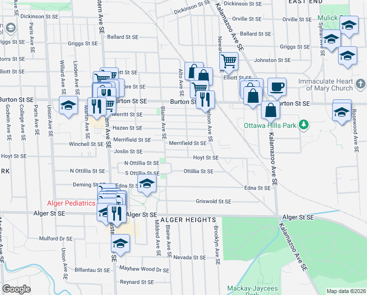 map of restaurants, bars, coffee shops, grocery stores, and more near 1047 Hoyt Street Southeast in Grand Rapids