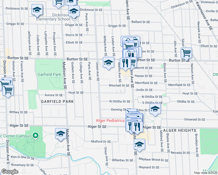 map of restaurants, bars, coffee shops, grocery stores, and more near 631 Hoyt Street Southeast in Grand Rapids