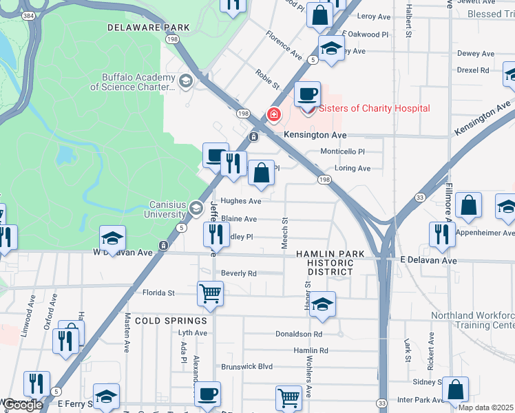 map of restaurants, bars, coffee shops, grocery stores, and more near 52 Blaine Avenue in Buffalo