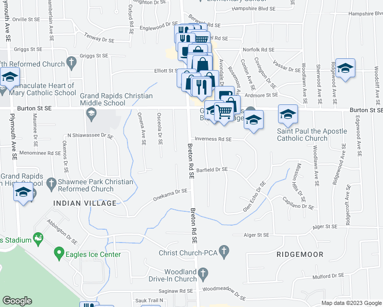 map of restaurants, bars, coffee shops, grocery stores, and more near 2136 Breton Road Southeast in Grand Rapids