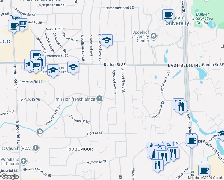 map of restaurants, bars, coffee shops, grocery stores, and more near 2140 Edgewood Avenue Southeast in Grand Rapids