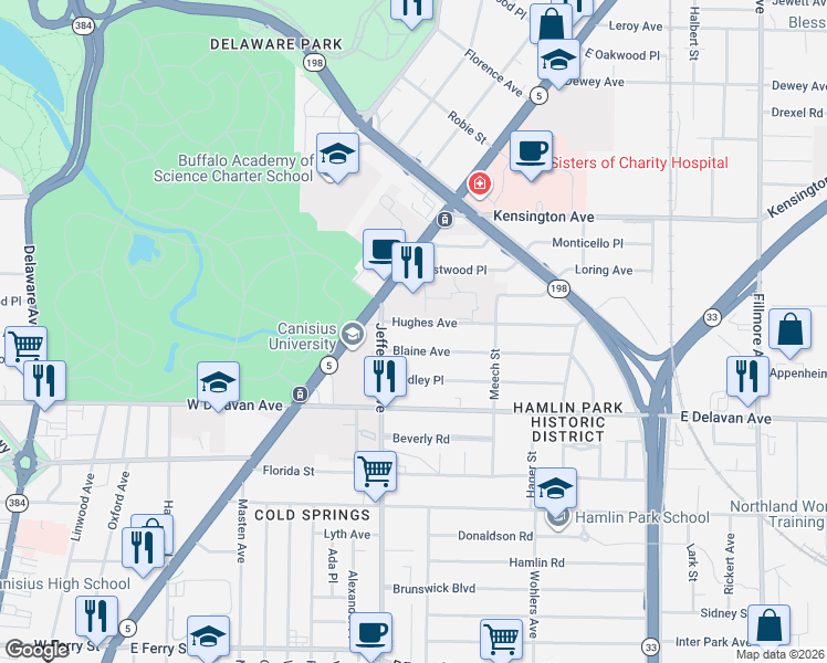 map of restaurants, bars, coffee shops, grocery stores, and more near 52 Blaine Avenue in Buffalo