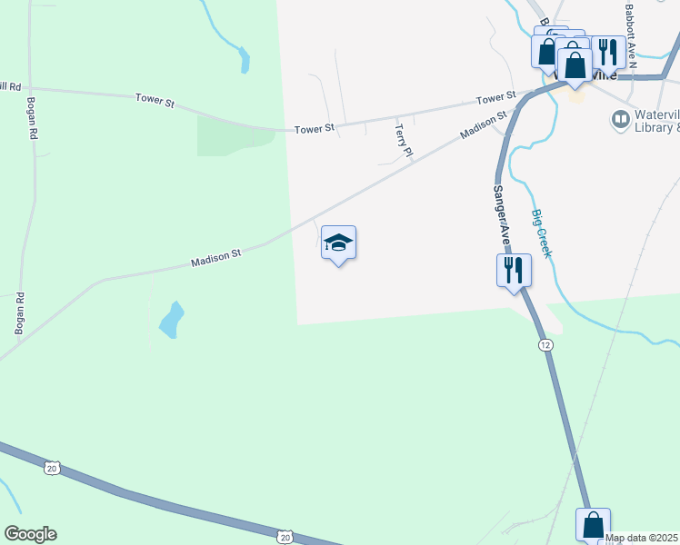 map of restaurants, bars, coffee shops, grocery stores, and more near 381 Madison Street in Waterville