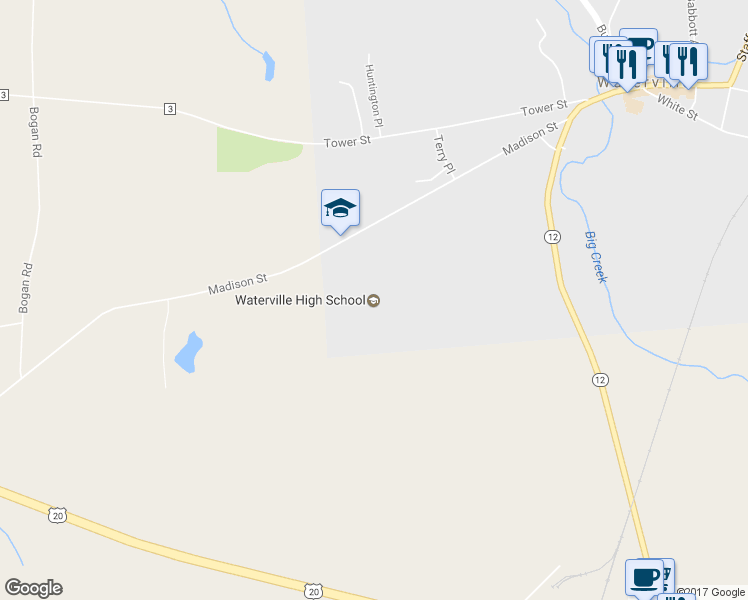map of restaurants, bars, coffee shops, grocery stores, and more near 381 Madison Street in Waterville