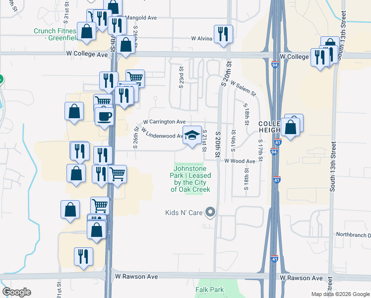 map of restaurants, bars, coffee shops, grocery stores, and more near 2225 West Sycamore Avenue in Oak Creek