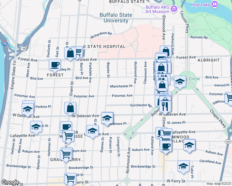 map of restaurants, bars, coffee shops, grocery stores, and more near 424 Potomac Avenue in Buffalo