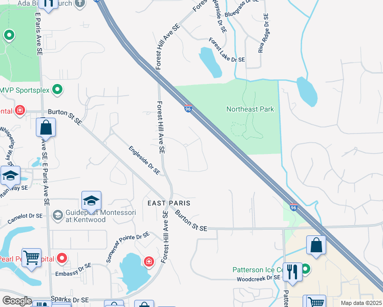 map of restaurants, bars, coffee shops, grocery stores, and more near 2152 Shiloh Hills Drive Southeast in Grand Rapids