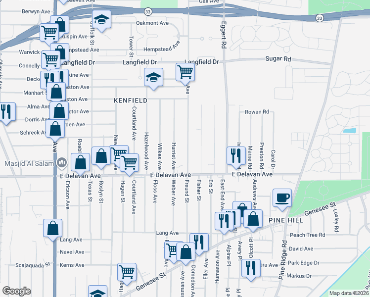map of restaurants, bars, coffee shops, grocery stores, and more near 42 Edison Avenue in Buffalo